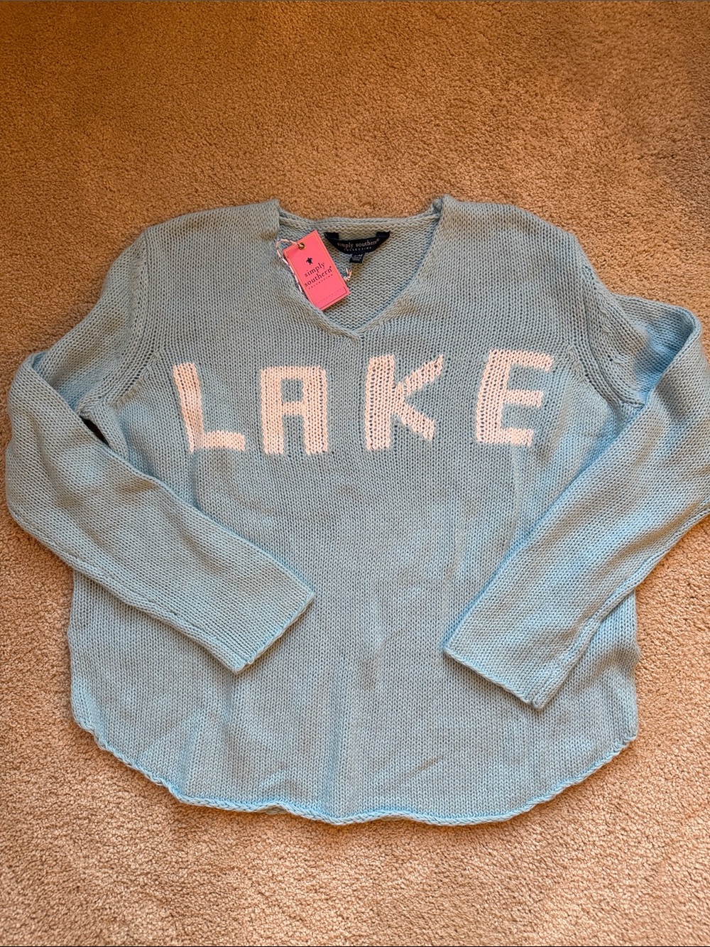 Simply Southern Light Blue V-Neck Sweater with White 'LAKE' Lettering